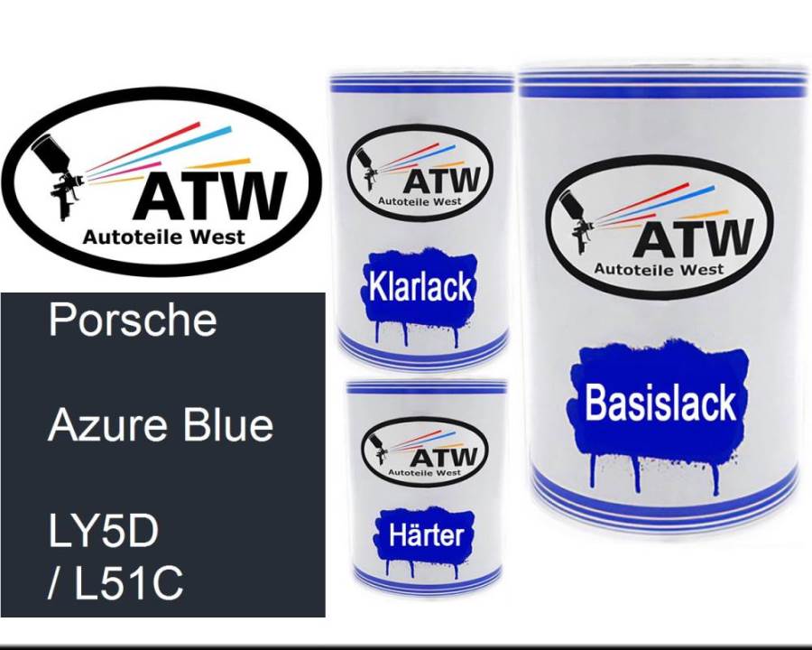 Porsche, Azure Blue, LY5D / L51C: 500ml Lackdose + 500ml Klarlack + 250ml Härter - Set, von ATW Autoteile West.